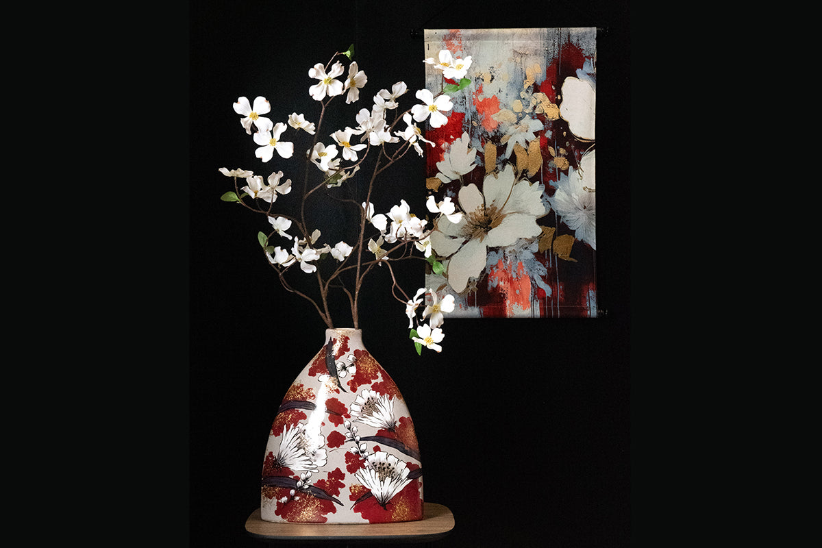 Toile Kakemono fleurs fond rouge
