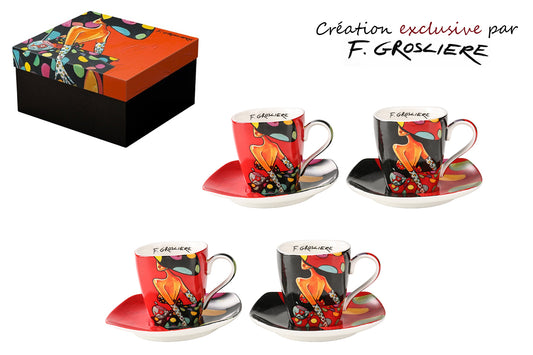 Coffret 4 tasses + sous tasses "La femme à pois"