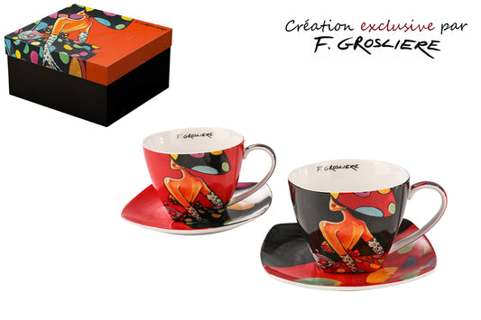 Coffret 2 tasses + sous tasses "La femme à pois"