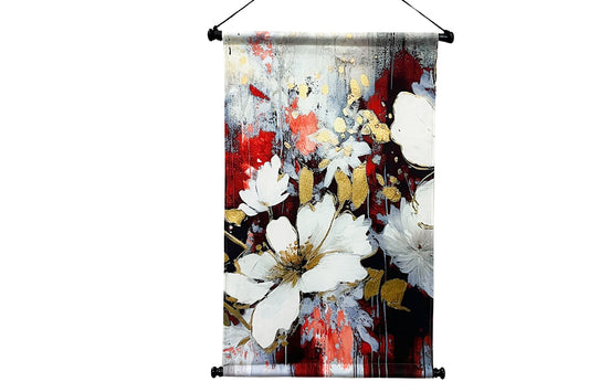 Toile Kakemono fleurs fond rouge